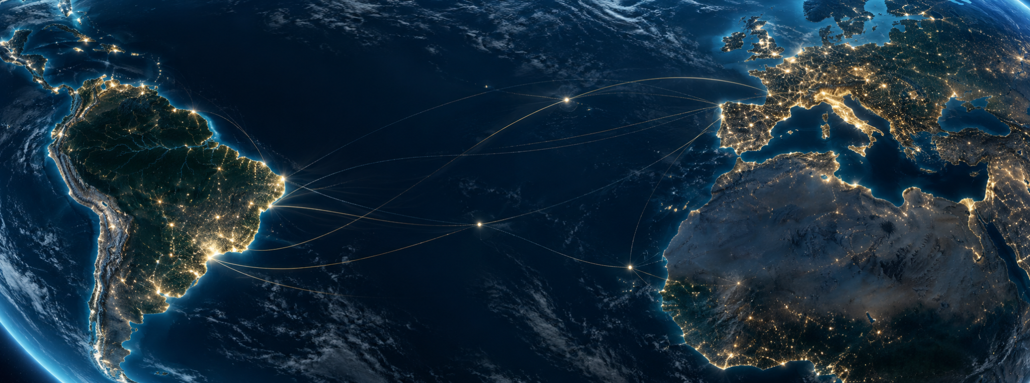 Vista nocturna del Atlántico, con América Latina e Italia conectadas por rutas luminosas